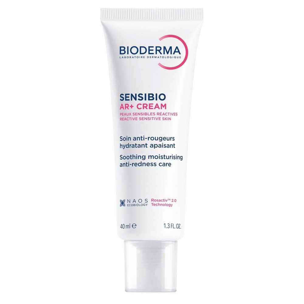 Weiße Tube mit BIODERMA Sensibio AR+ Cream. Text und Logo in Rot. 40 ml, 1.3 FL.OZ.