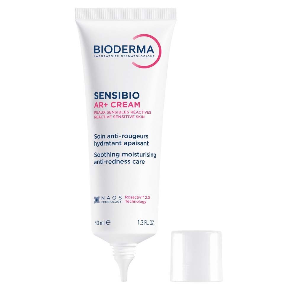 BIODERMA Sensibio AR+ Cream Tube, Kappe daneben. Weiß, roter Text. 40 ml, 1.3 FL.OZ.