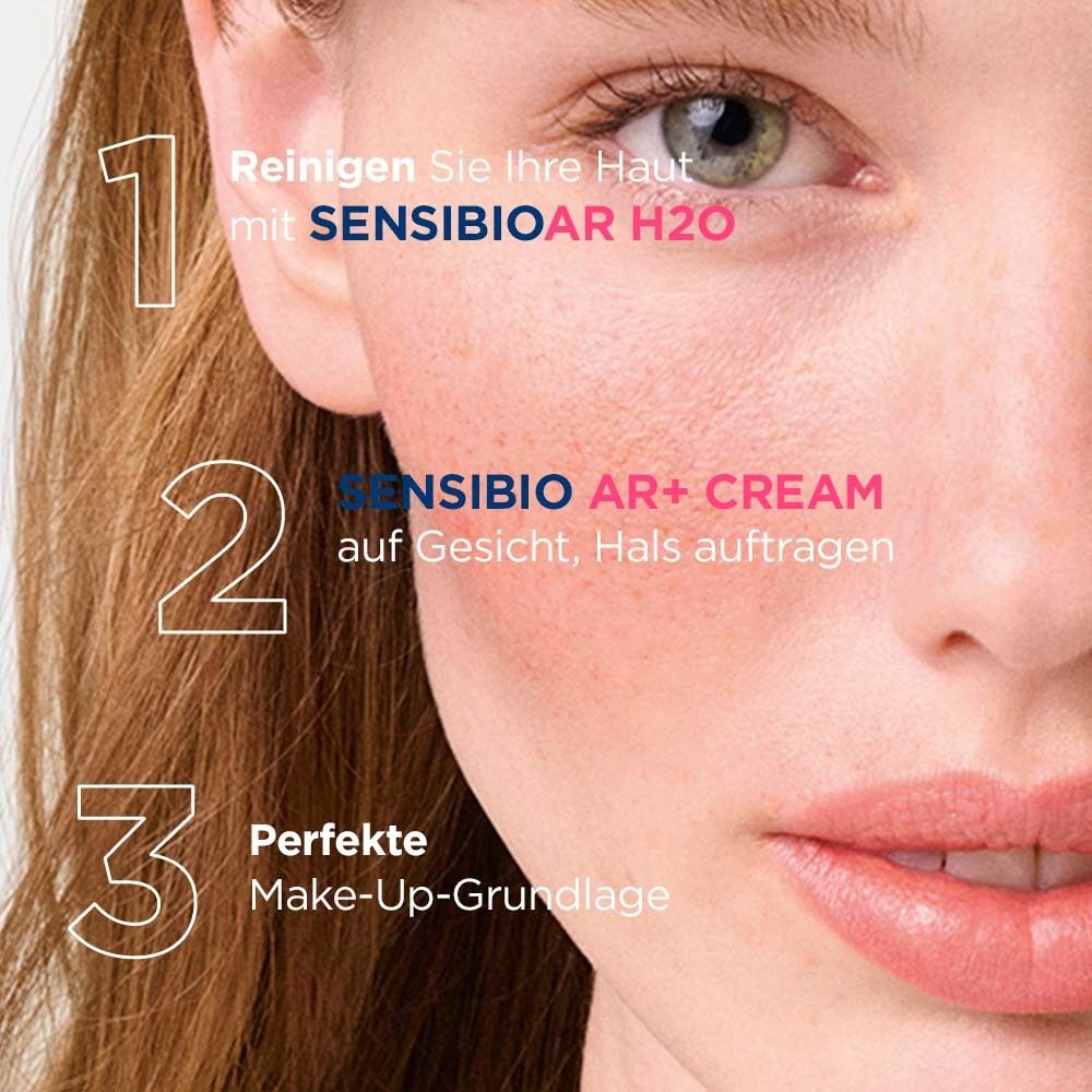 Gesicht mit Text: Reinigen, Serum, Pflege. Sensibio AR H2O, AR+ Cream. Make-up-Grundlage.