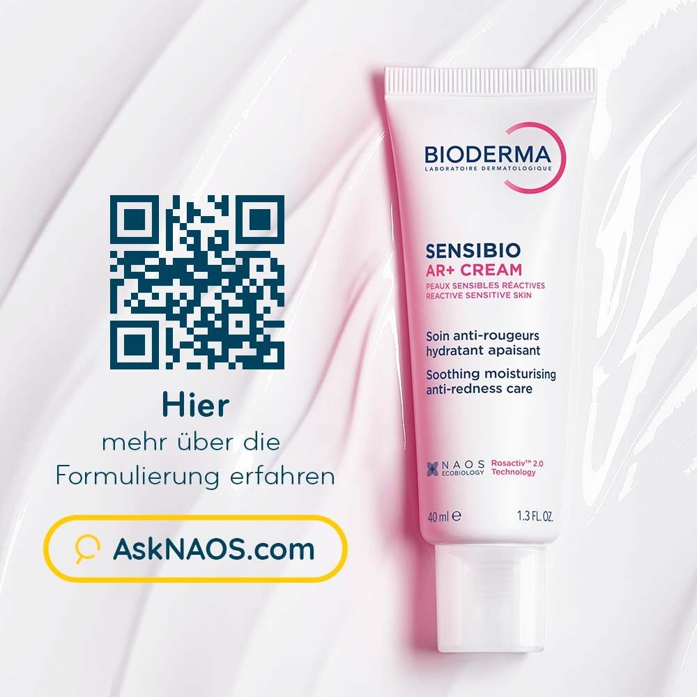 BIODERMA Sensibio AR+ Cream Tube mit QR-Code. Text: Hier mehr über die Formulierung erfahren.