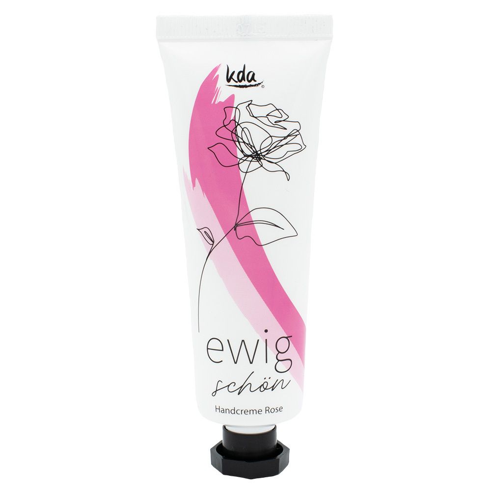 Weiße Tube mit rosa Akzenten und Rosenzeichnung. Schriftzug 'ewig schön' und 'Handcreme Rose'. Marke 'kda' oben.