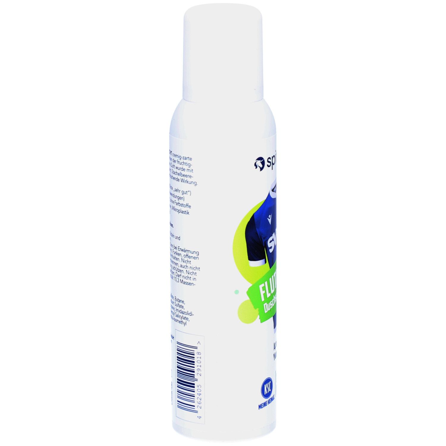 Weiße Sprühdose, Seitenansicht. Text und Barcode. Informationen zu Inhaltsstoffen und Anwendung.