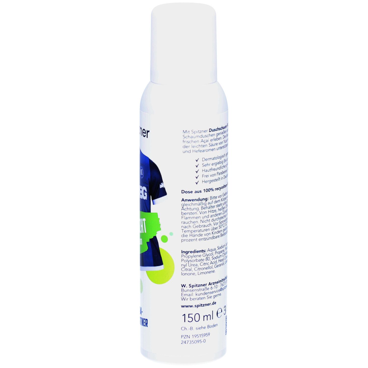 Weiße Sprühdose, Seitenansicht. Text: Inhaltsstoffe, Anwendung, Herstellerinformationen, 150 ml.