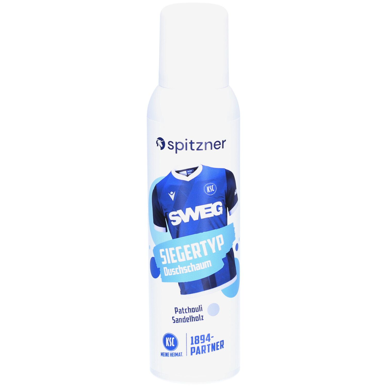 Weiße Sprühflasche mit blauem Etikett. Aufschrift: Spitzner, Siegertyp Duschschaum. Abbildung eines Trikots.