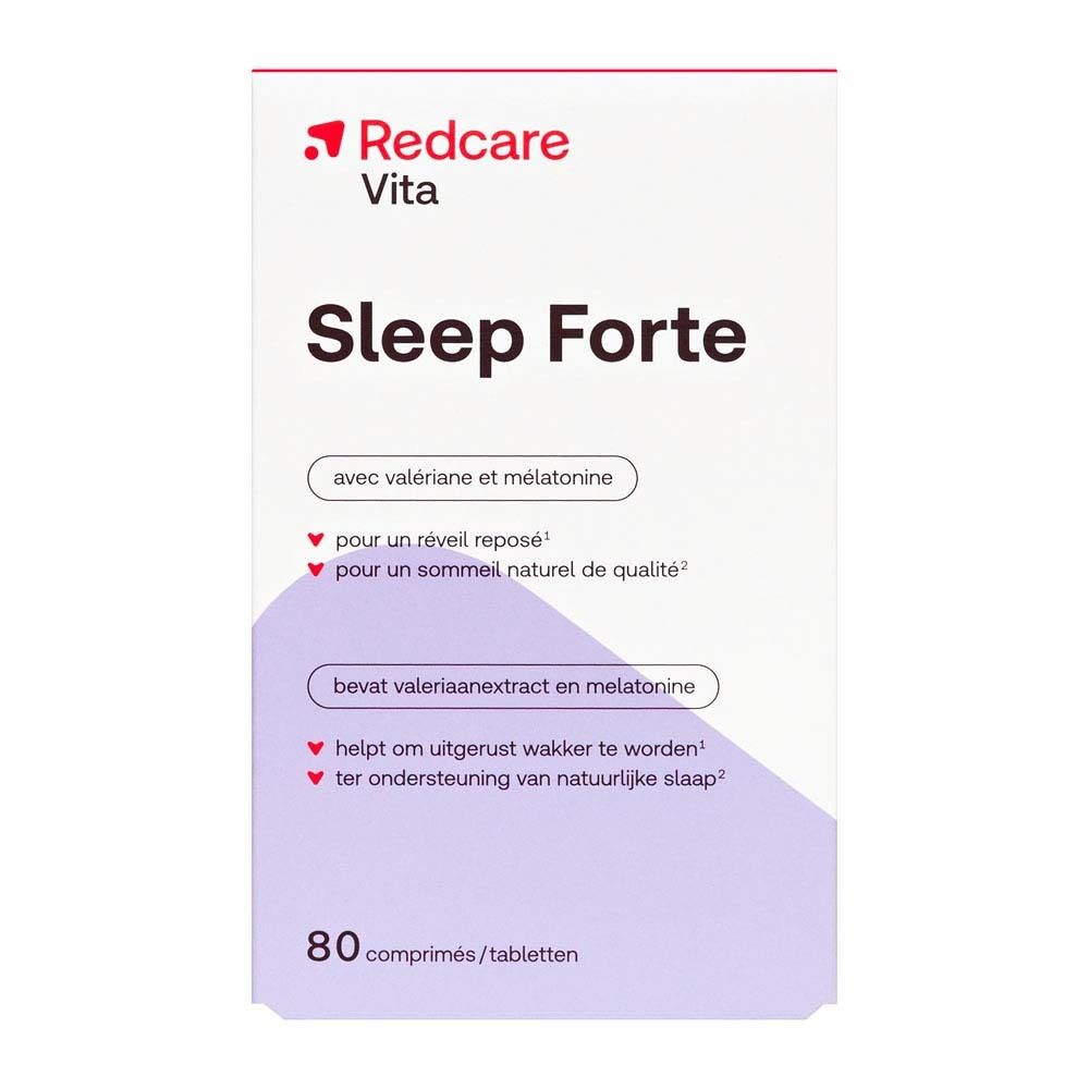 Schachtel Redcare Vita Sleep Forte. Aufschrift Sleep Forte, 80 Tabletten. Enthält Baldrian und Melatonin.