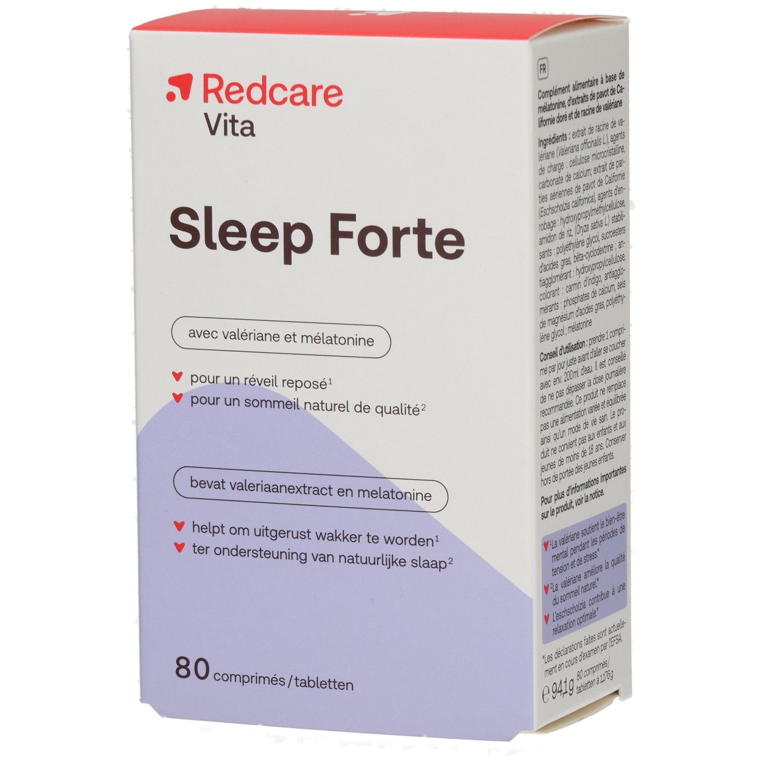 Kartonverpackung von Redcare Vita Sleep Forte. Enthält 80 Tabletten. Aufschrift: Sleep Forte mit Baldrian und Melatonin.