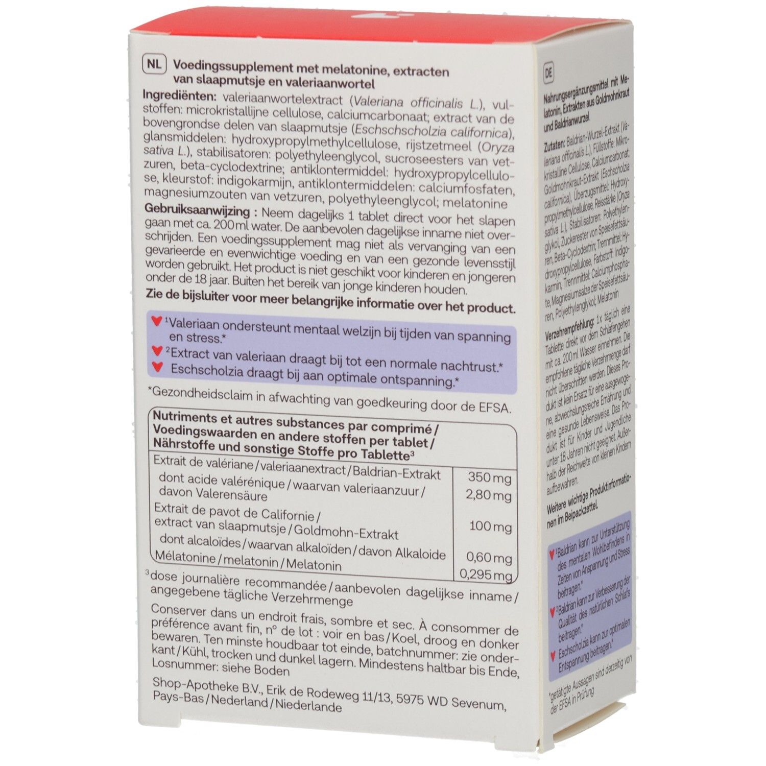 Kartonverpackung von Redcare Vita Sleep Forte. Rückseite mit Inhaltsangaben und Text in Niederländisch.