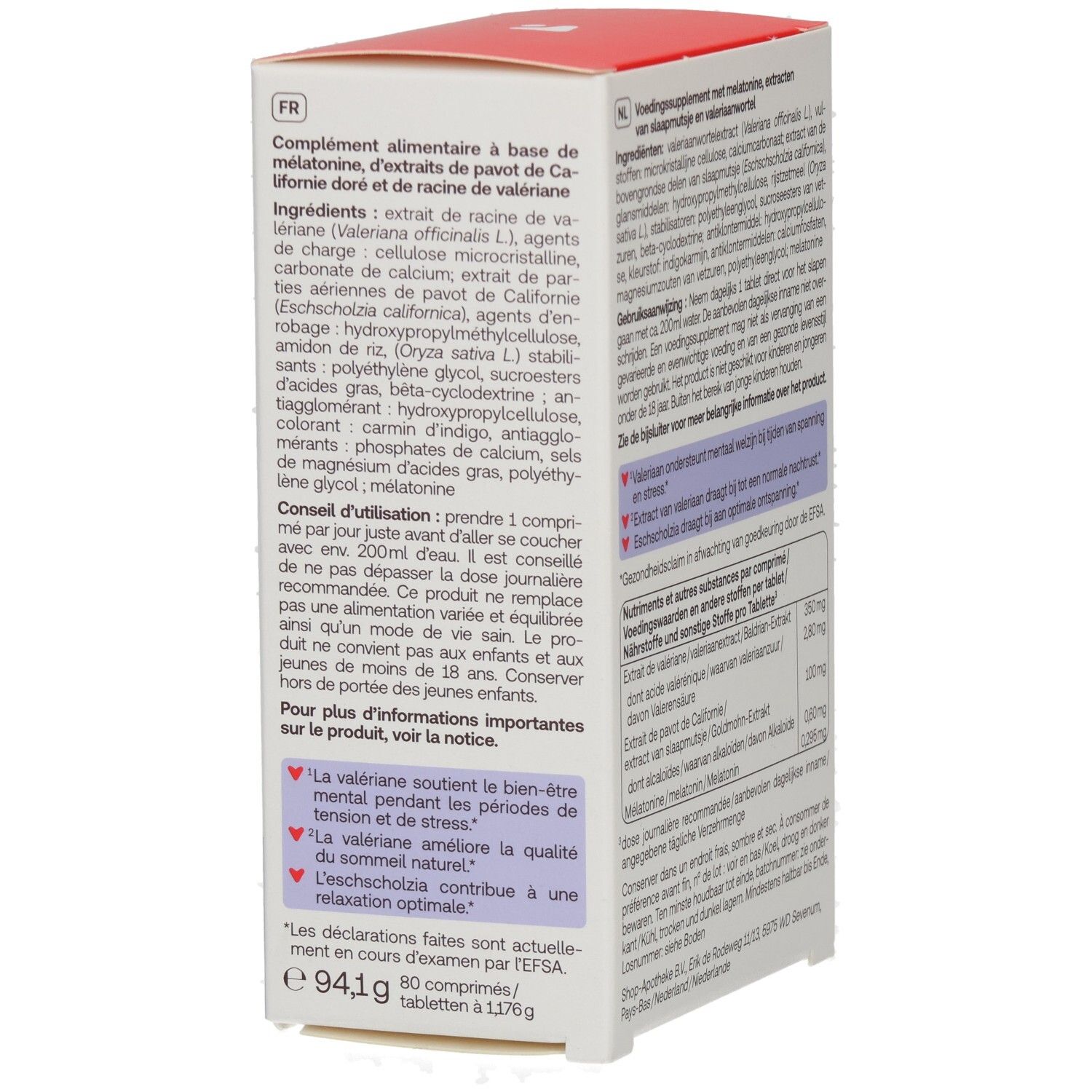 Kartonverpackung von Redcare Vita Sleep Forte. Rückseite mit Inhaltsangaben und Text in Französisch.