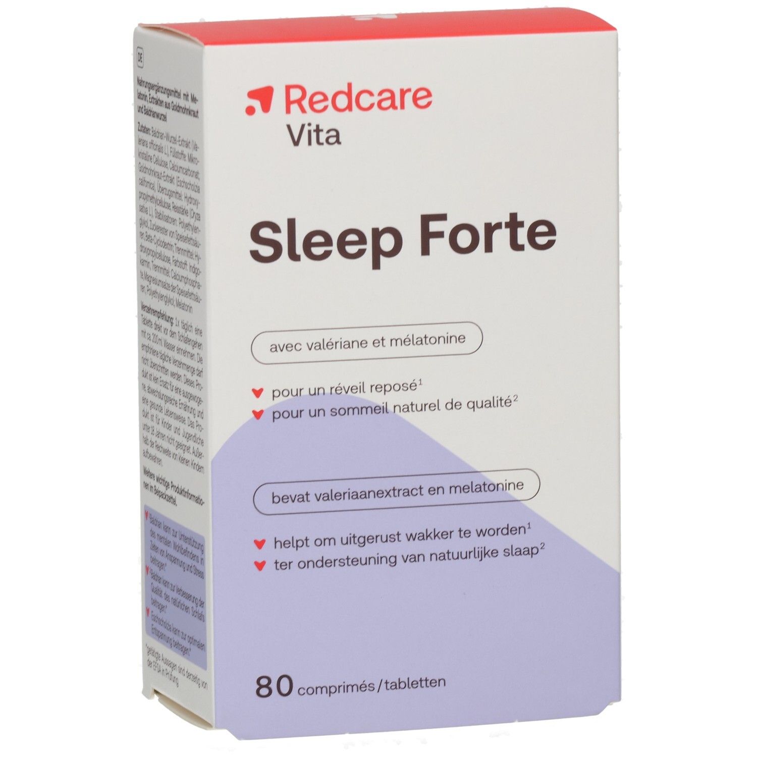 Kartonverpackung von Redcare Vita Sleep Forte. Enthält 80 Tabletten. Aufschrift: Sleep Forte mit Baldrian und Melatonin.