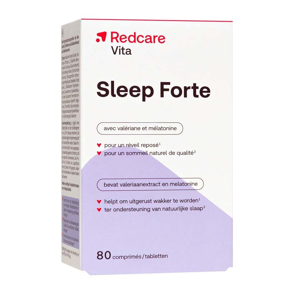 Schachtel Redcare Vita Sleep Forte. Aufschrift Sleep Forte, 80 Tabletten. Enthält Baldrian und Melatonin.