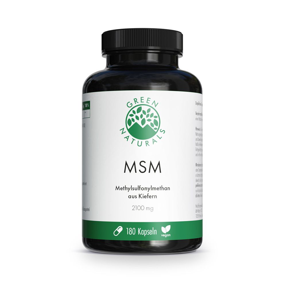 Schwarze Flasche mit grünem Etikett. Aufschrift: GREEN NATURALS MSM, 2100 mg, 180 Kapseln, vegan.