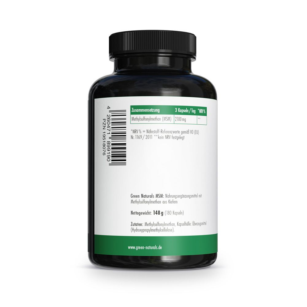 Rückseite der Flasche. Aufschrift: Zusammensetzung, 3 Kapseln/Tag, MSM 2100 mg. Barcode und Herstellerinformationen.