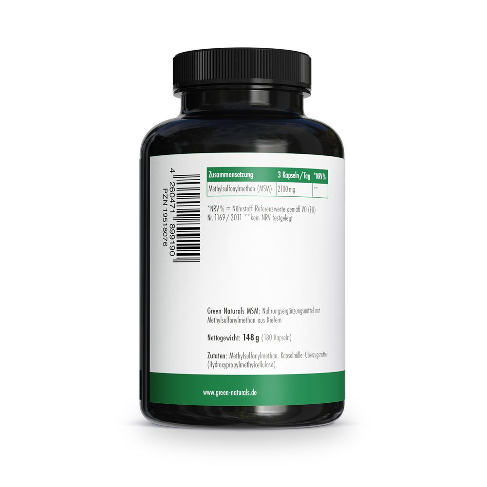 Green Naturals MSM Dose: Seitenansicht mit Etikett. Zeigt Barcode und Produktinformationen.