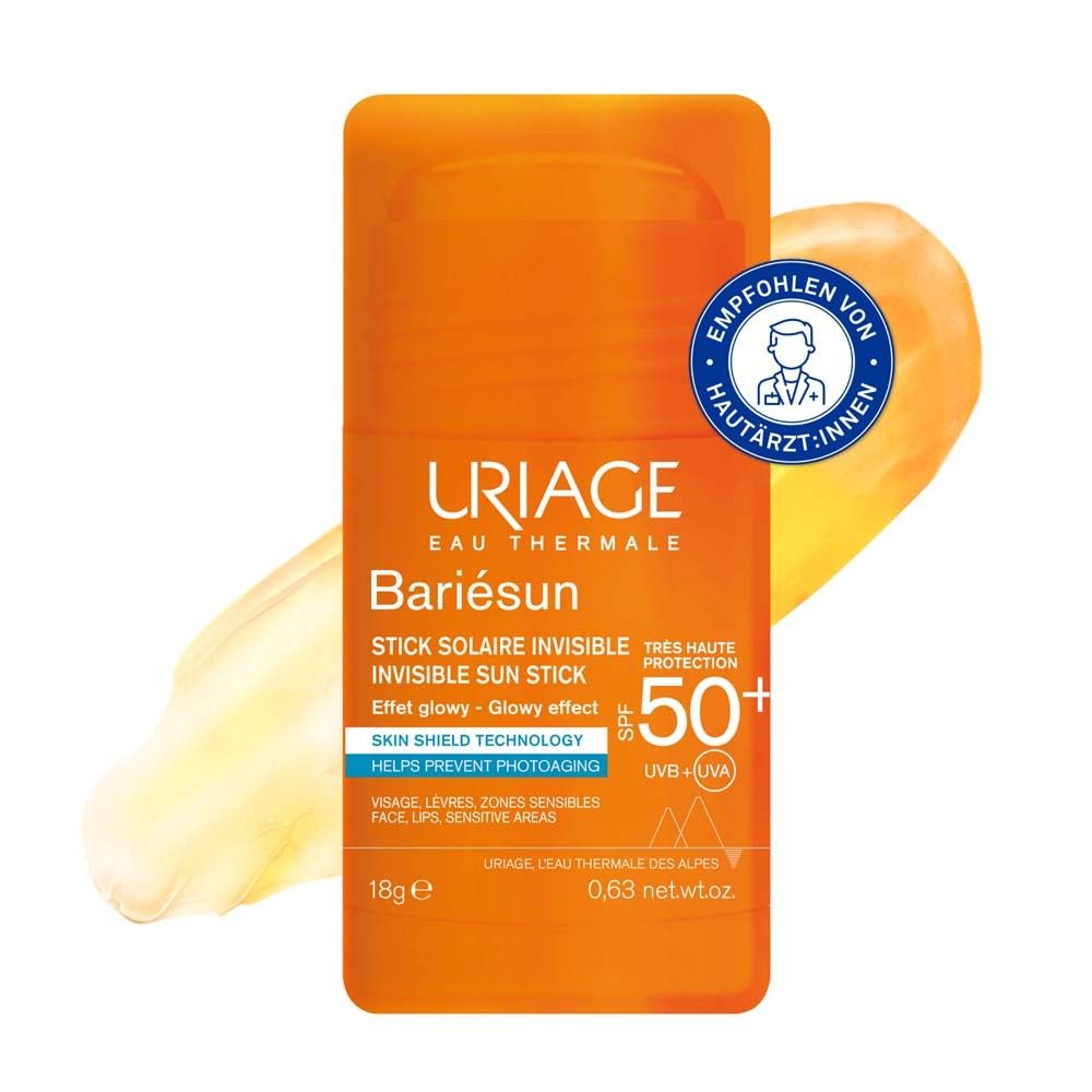 Uriage Bariésun Sonnenschutzstift SPF50. Orangefarbener Stift mit Produktinformationen und SPF50+.