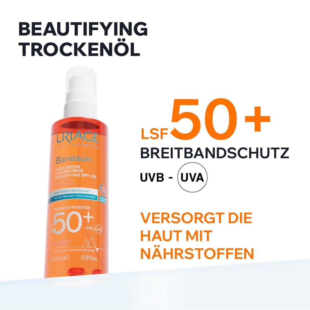 Uriage Bariésun Trockenöl SPF50+. Orangefarbene Flasche mit weißem Sprühkopf. Breitbandschutz UVB-UVA.