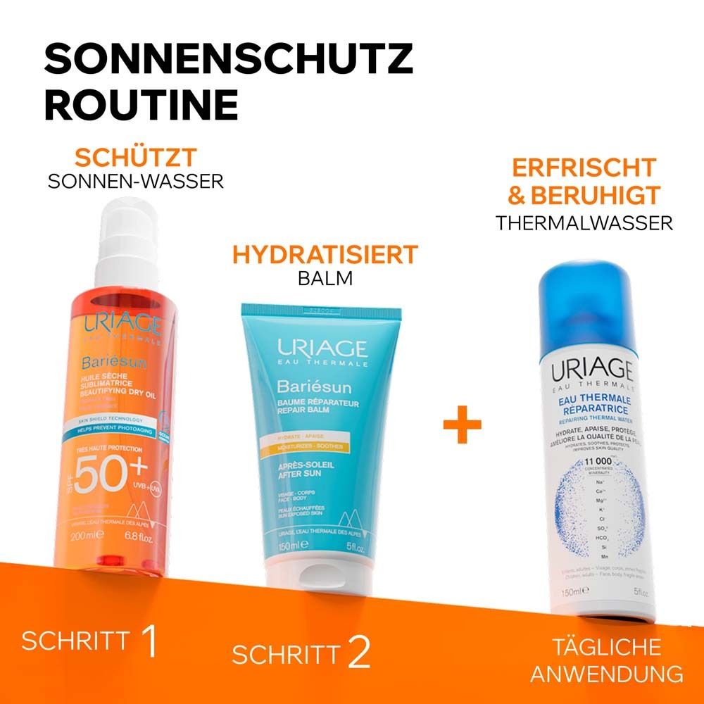Uriage Bariésun Sonnenschutz-Routine: Trockenöl, After-Sun Balm, Thermalwasser. Schritt 1, 2, tägliche Anwendung.