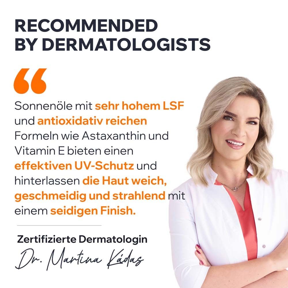 Zertifizierte Dermatologin Dr. Martina Kädas. Empfiehlt Sonnenschutzöle mit hohem LSF und Antioxidantien.