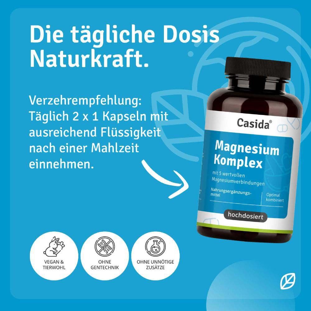 Produktflasche vor blauem Hintergrund. Text: Die tägliche Dosis Naturkraft. Vegan, ohne Gentechnik, ohne unnötige Zusätze.