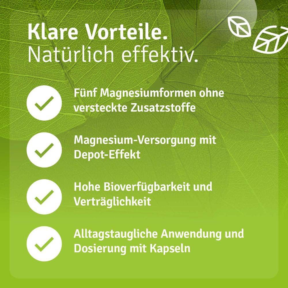 Grüner Hintergrund mit Text: Klare Vorteile. Natürlich effektiv. Fünf Magnesiumformen, Depot-Effekt, hohe Bioverfügbarkeit, Dosierung.