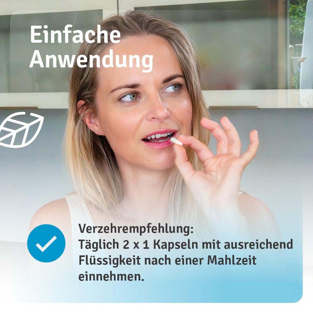 Frau nimmt Kapsel ein. Text: Einfache Anwendung. Verzehrempfehlung: Täglich 2 x 1 Kapseln nach einer Mahlzeit einnehmen.