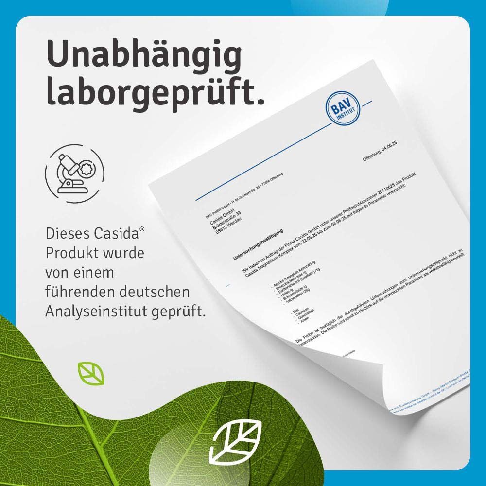 Dokument mit Text: Unabhängig laborgeprüft. Dieses Casida Produkt wurde von einem führenden deutschen Analyseinstitut geprüft.