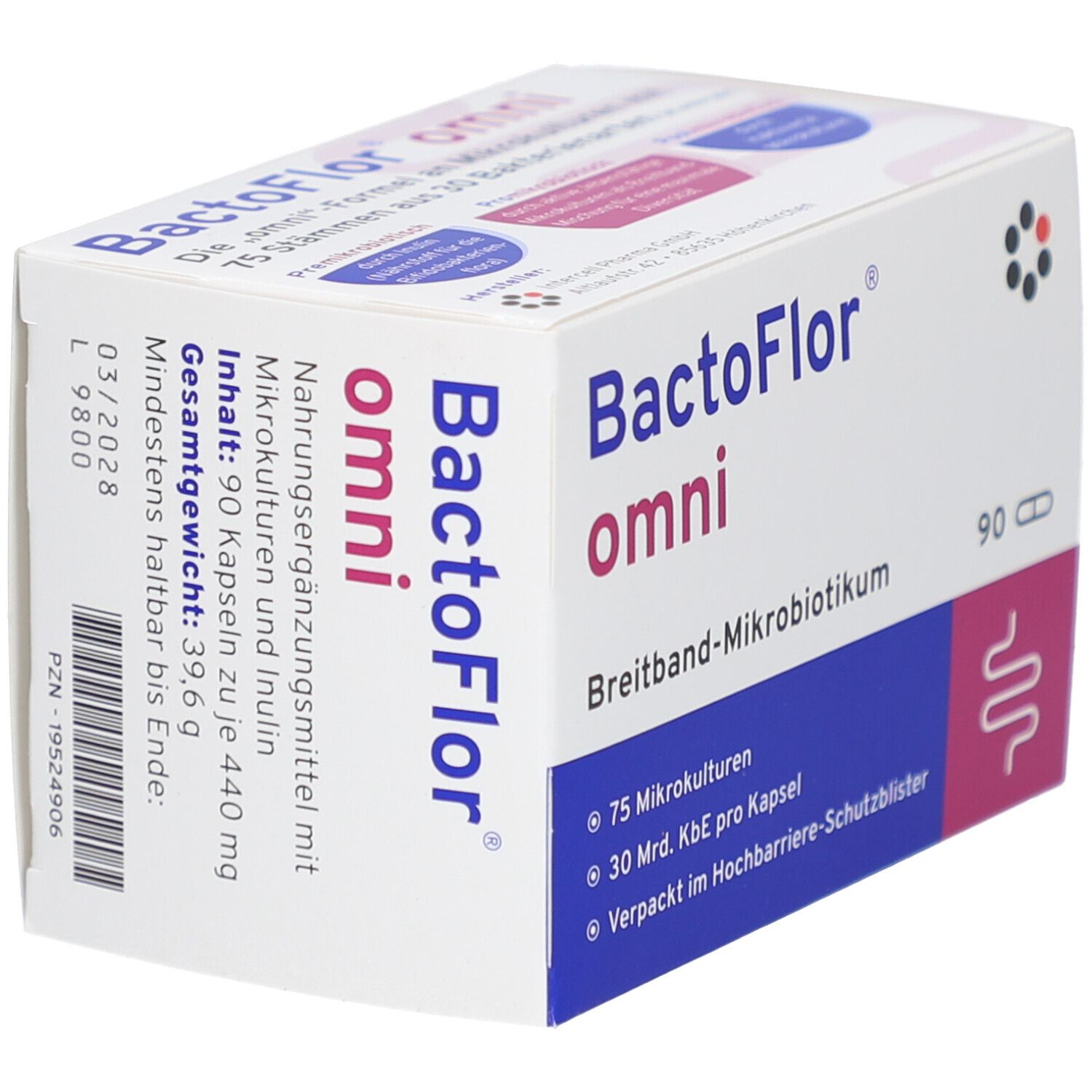 BactoFlor omni Hartkapseln-Packung. Weiß, blau und rosa. 90 Kapseln. Text: Breitband-Mikrobiotikum, 75 Mikrokulturen, 30 Mrd. KBE pro Kapsel.