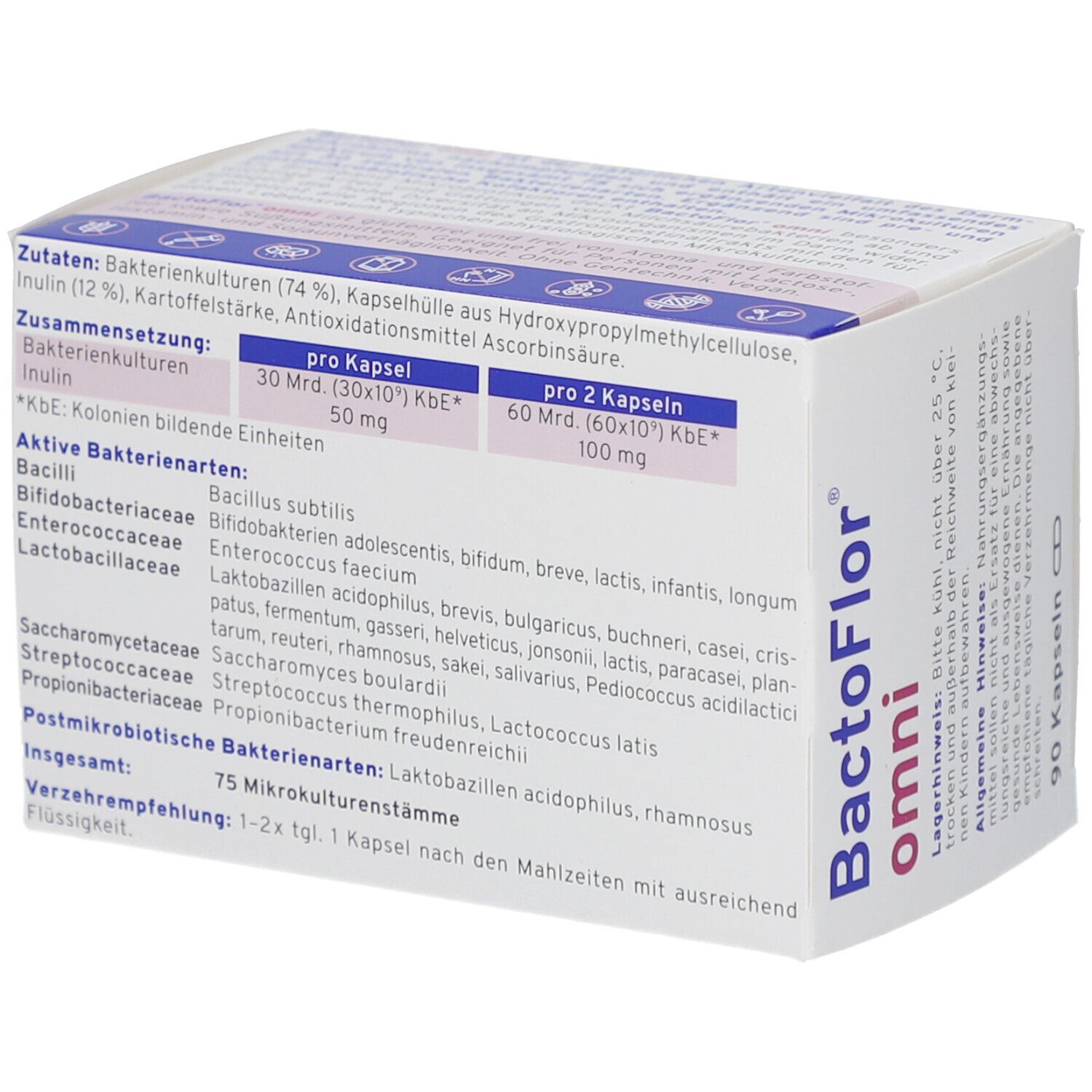 BactoFlor omni Hartkapseln-Packung. Rückseite mit Inhaltsstoffen. Text: 75 Mikrokulturen, 30 Mrd. KBE pro Kapsel. 90 Kapseln.