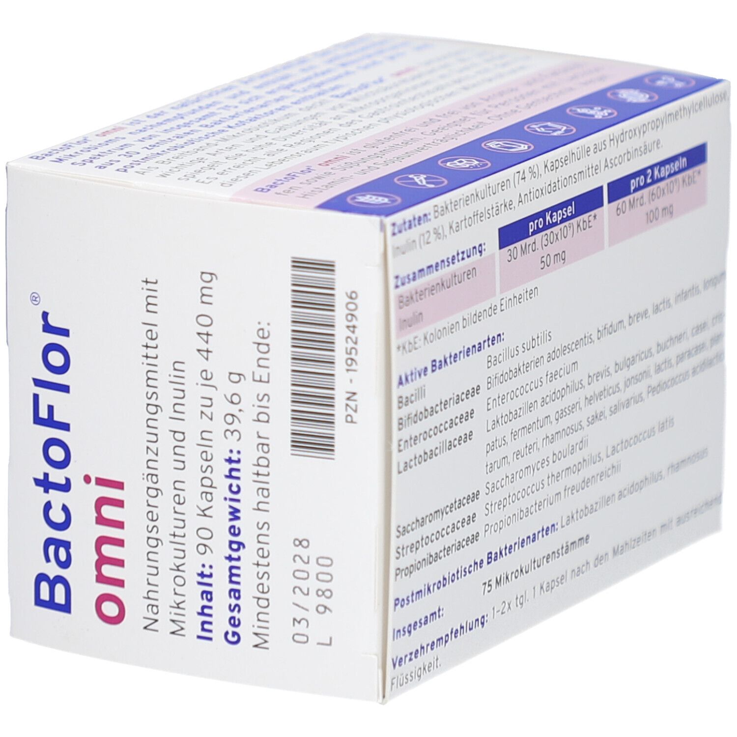 BactoFlor omni Hartkapseln-Packung. Rückseite mit Inhaltsstoffen. Text: 75 Mikrokulturen, 30 Mrd. KBE pro Kapsel. 90 Kapseln.