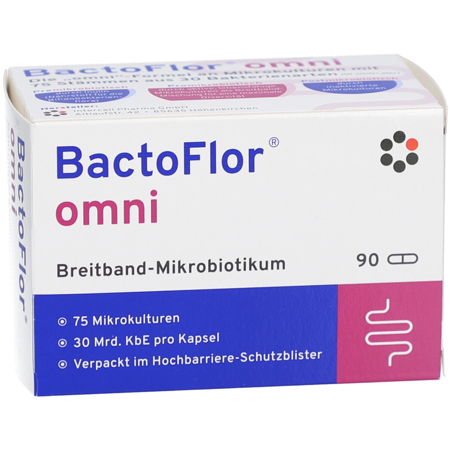 BactoFlor omni Hartkapseln-Packung. Weiß, blau und rosa. 90 Kapseln. Text: Breitband-Mikrobiotikum, 75 Mikrokulturen, 30 Mrd. KBE pro Kapsel.