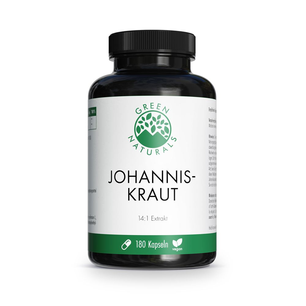 Schwarze Flasche mit weißen Etikett. Aufschrift: GREEN NATURALS Johanniskraut. 180 Kapseln, vegan.
