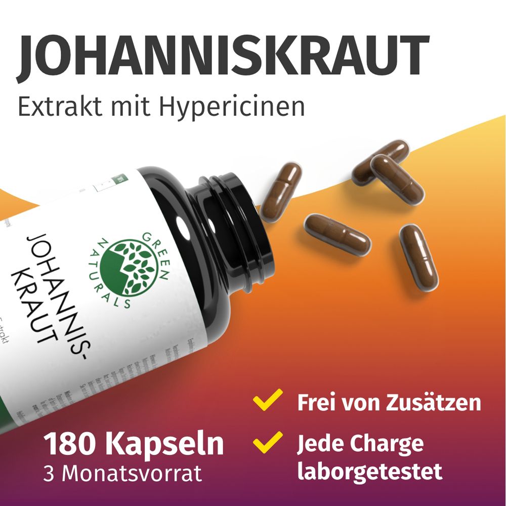 Braune Kapseln neben einer Flasche. Aufschrift: Johanniskraut, 180 Kapseln, 3 Monatsvorrat. Frei von Zusätzen.