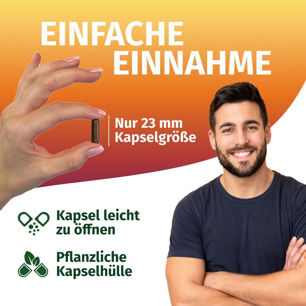 Mann hält Kapsel. Text: Einfache Einnahme. Kapselgröße 23 mm. Pflanzliche Kapselhülle.