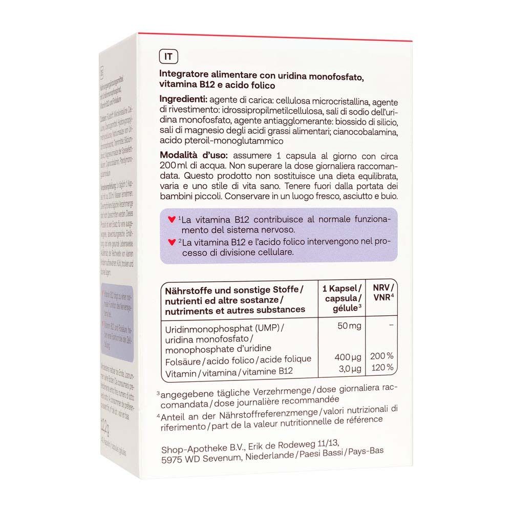 Rückseite der Schachtel Redcare Vita UMP Forte. Enthält Inhaltsstoffe, Dosierung und Warnhinweise.