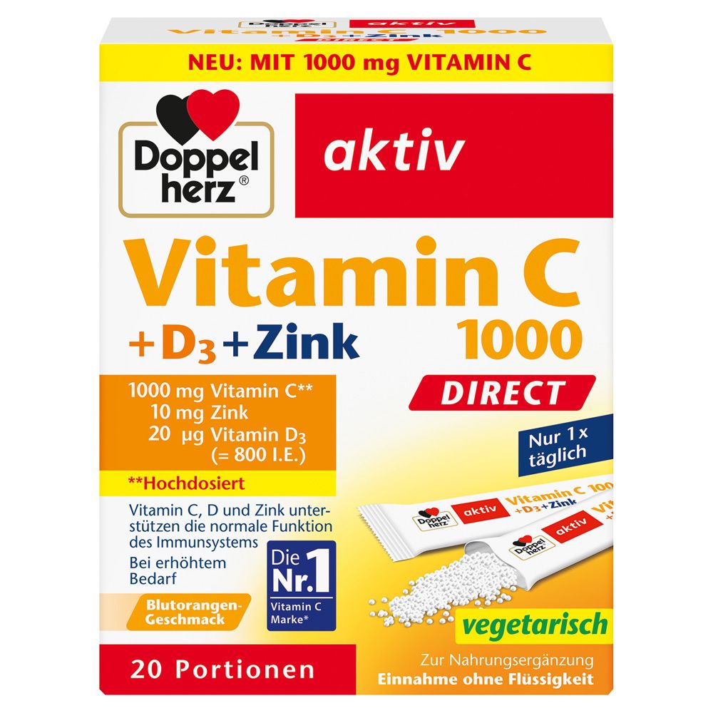 Verpackung von Doppelherz aktiv Vitamin C 1000 DIRECT + D3 + Zink. Enthält 20 Portionen. Mit Vitamin C, D3 und Zink.