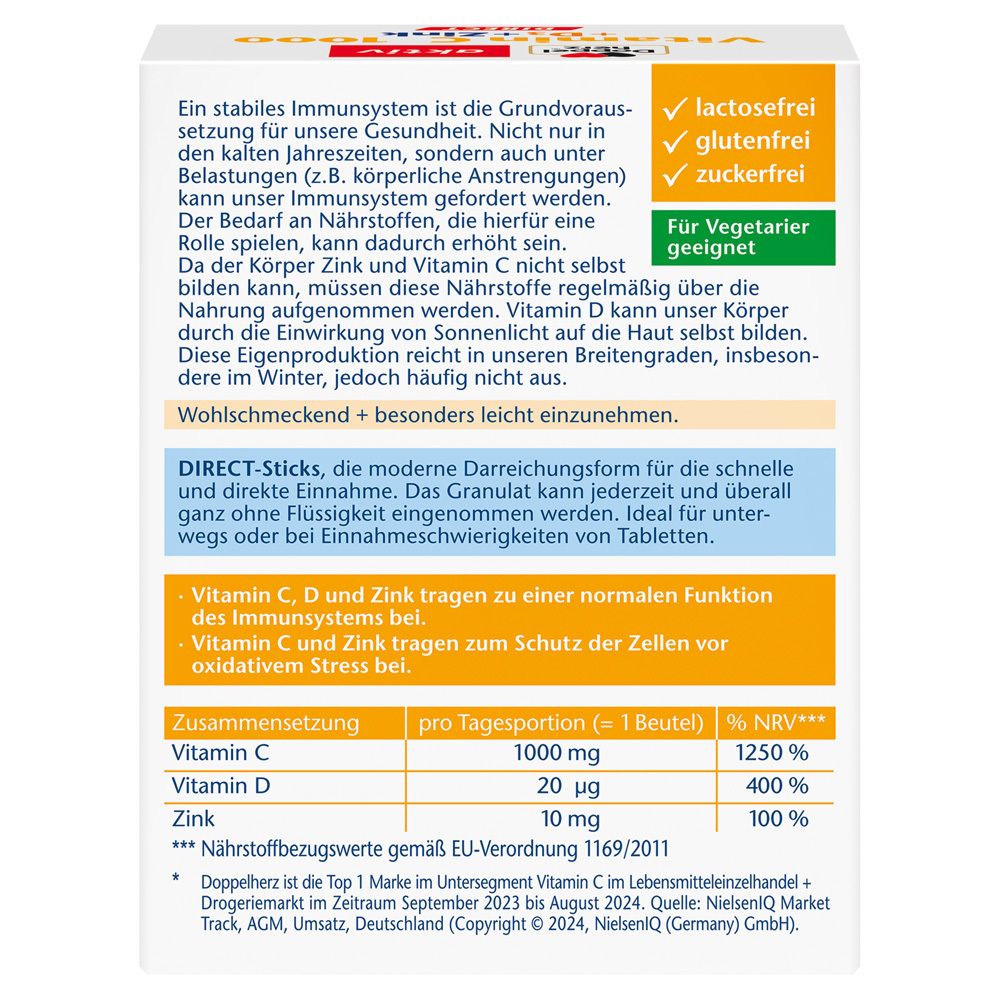 Rückseite der Verpackung von Doppelherz aktiv. Informationen zu Inhaltsstoffen, Nährwerten und Anwendung.
