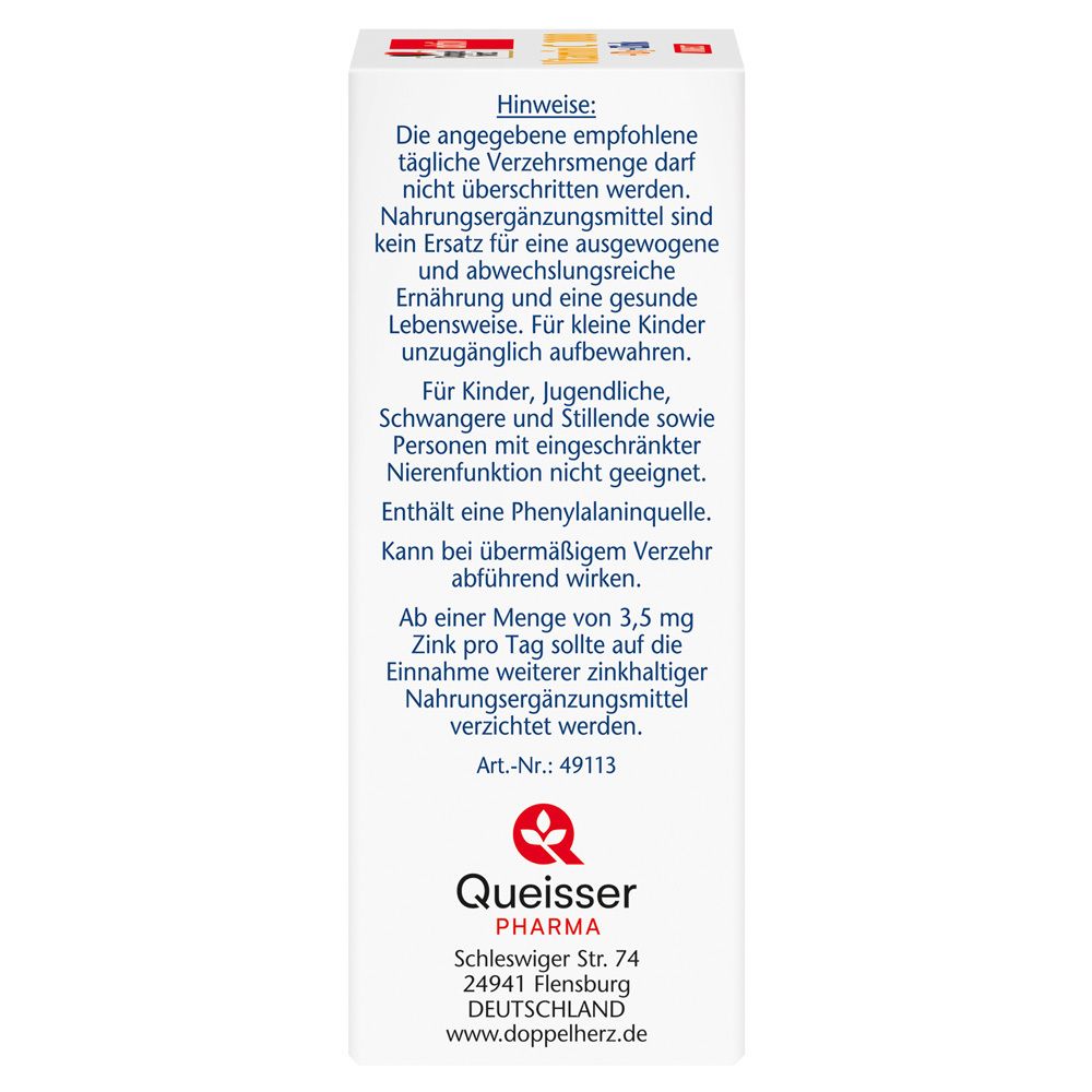 Oberseite der Verpackung von Doppelherz aktiv. Enthält Hinweise und Kontaktinformationen von Queisser Pharma.