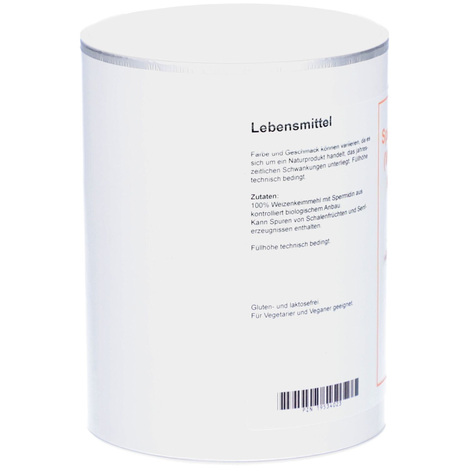 Weißer Zylinderbehälter mit silbernem Deckel. Text: Lebensmittel, Zutaten, gluten- und laktosefrei, für Vegetarier und Veganer geeignet.