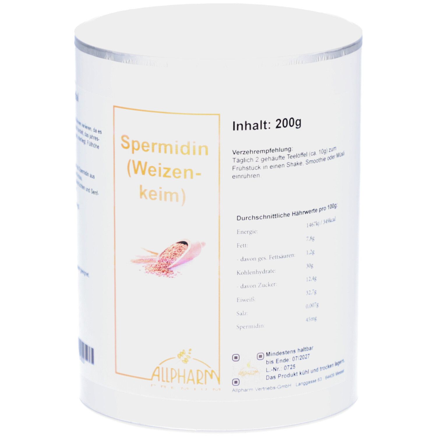 Weißer Zylinderbehälter mit silbernem Deckel. Aufschrift: Spermidin (Weizenkeim). Inhalt: 200g. Nährwertangaben.