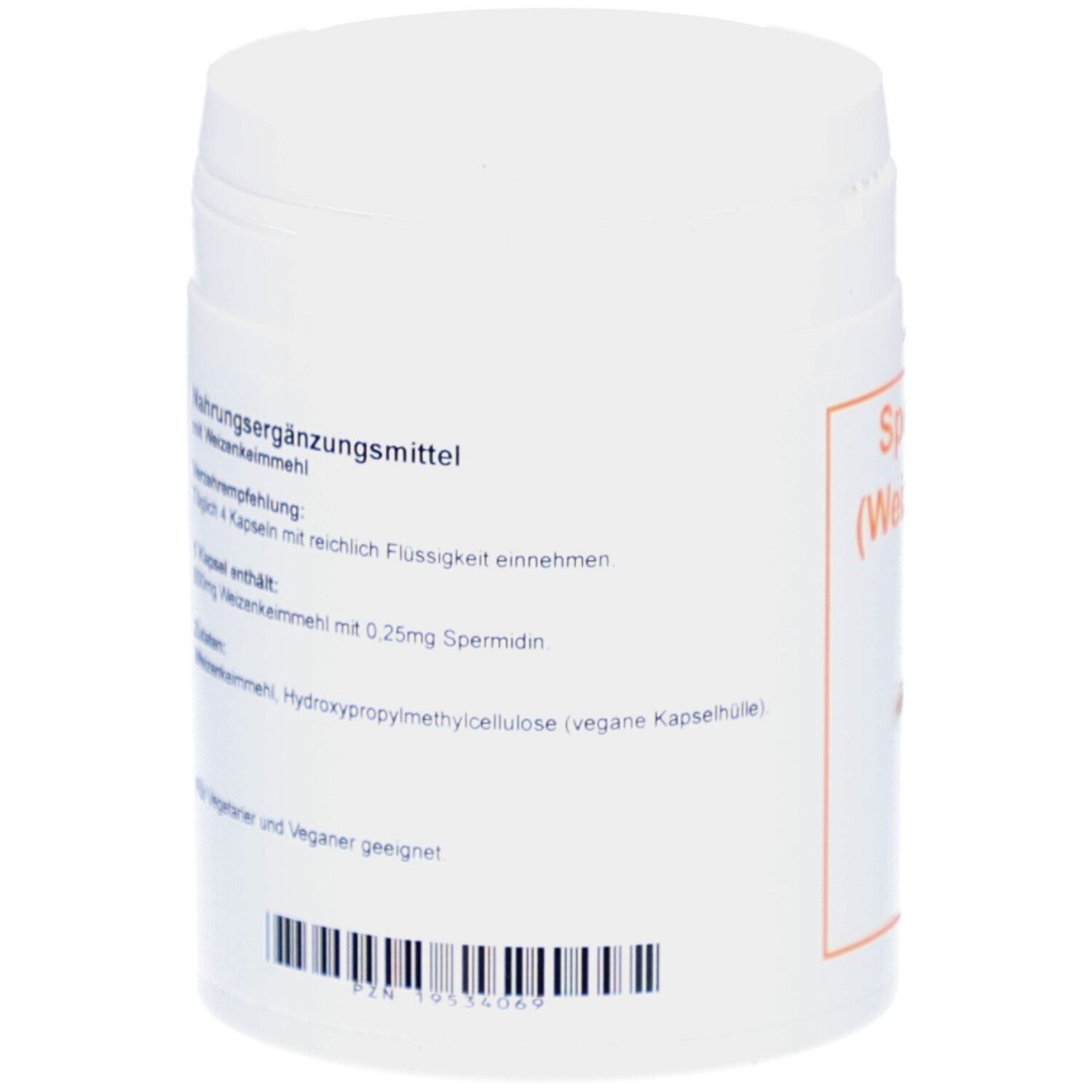 Weiße Dose, Rückseite mit Text. Enthält Informationen über Nahrungsergänzungsmittel und Inhaltsstoffe.