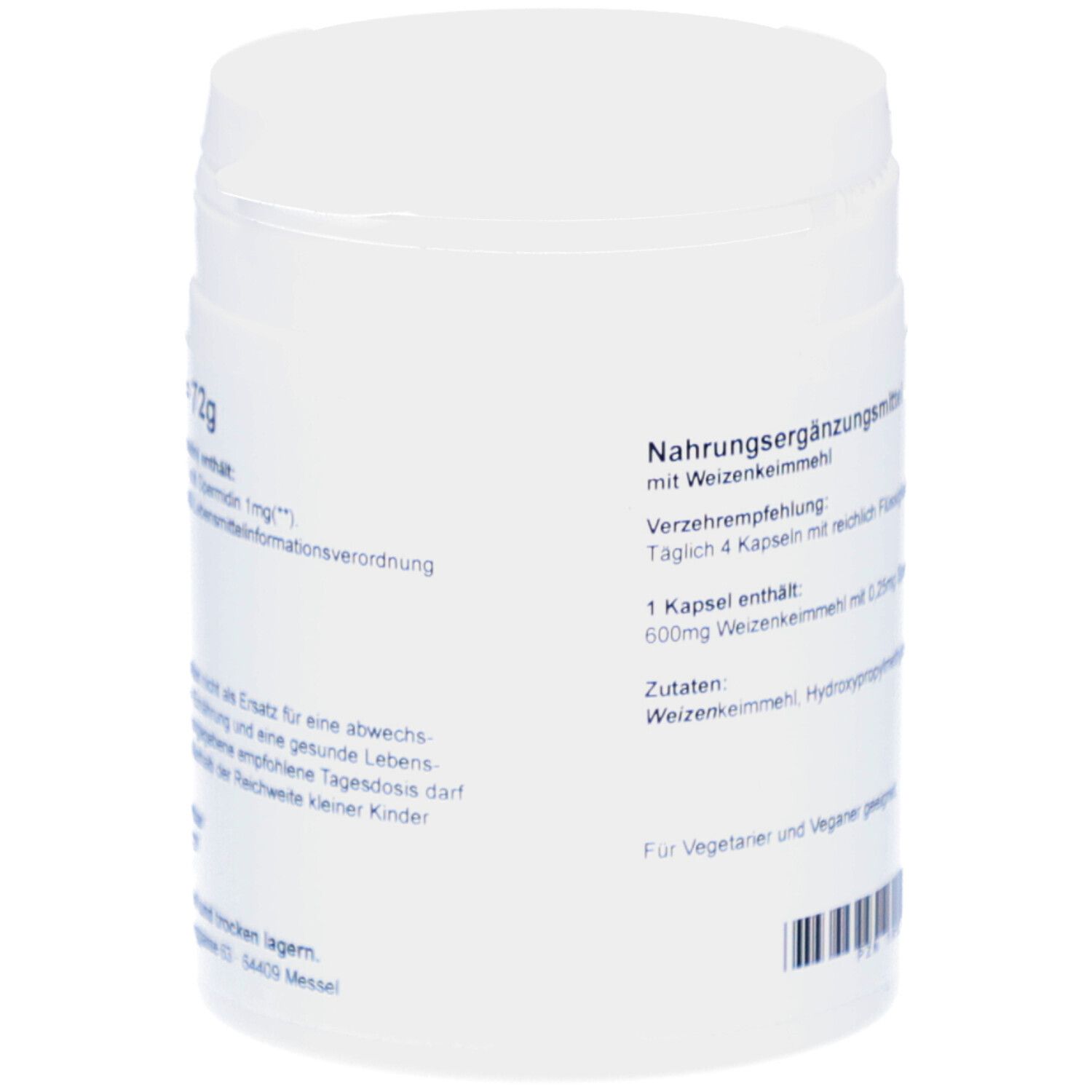 Weiße Dose, Rückseite mit Text. Enthält Informationen über Nahrungsergänzungsmittel und Inhaltsstoffe.