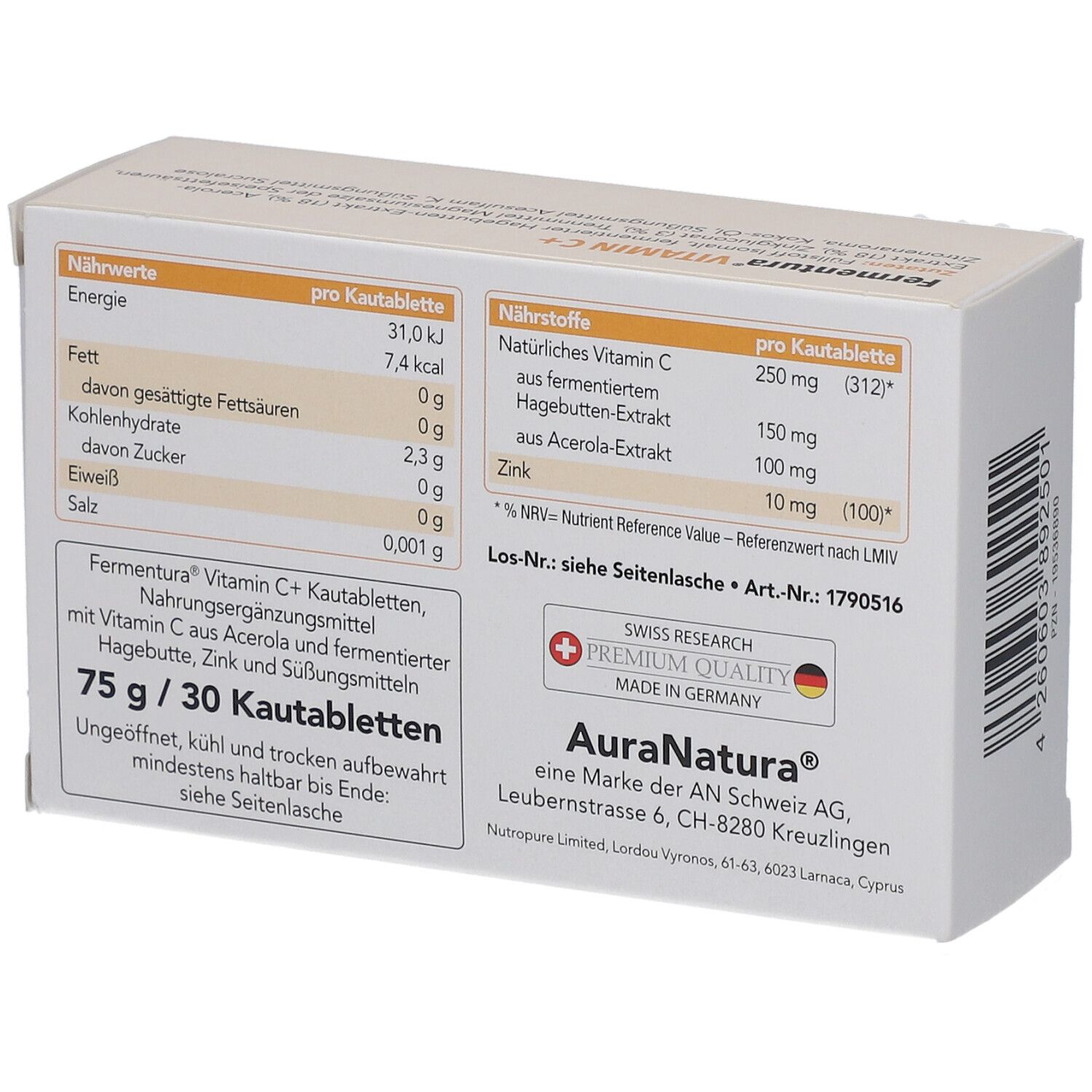 AuraNatura Fermentura Vitamin C+ Kautabletten mit Hagebutte, Acerola & Zink