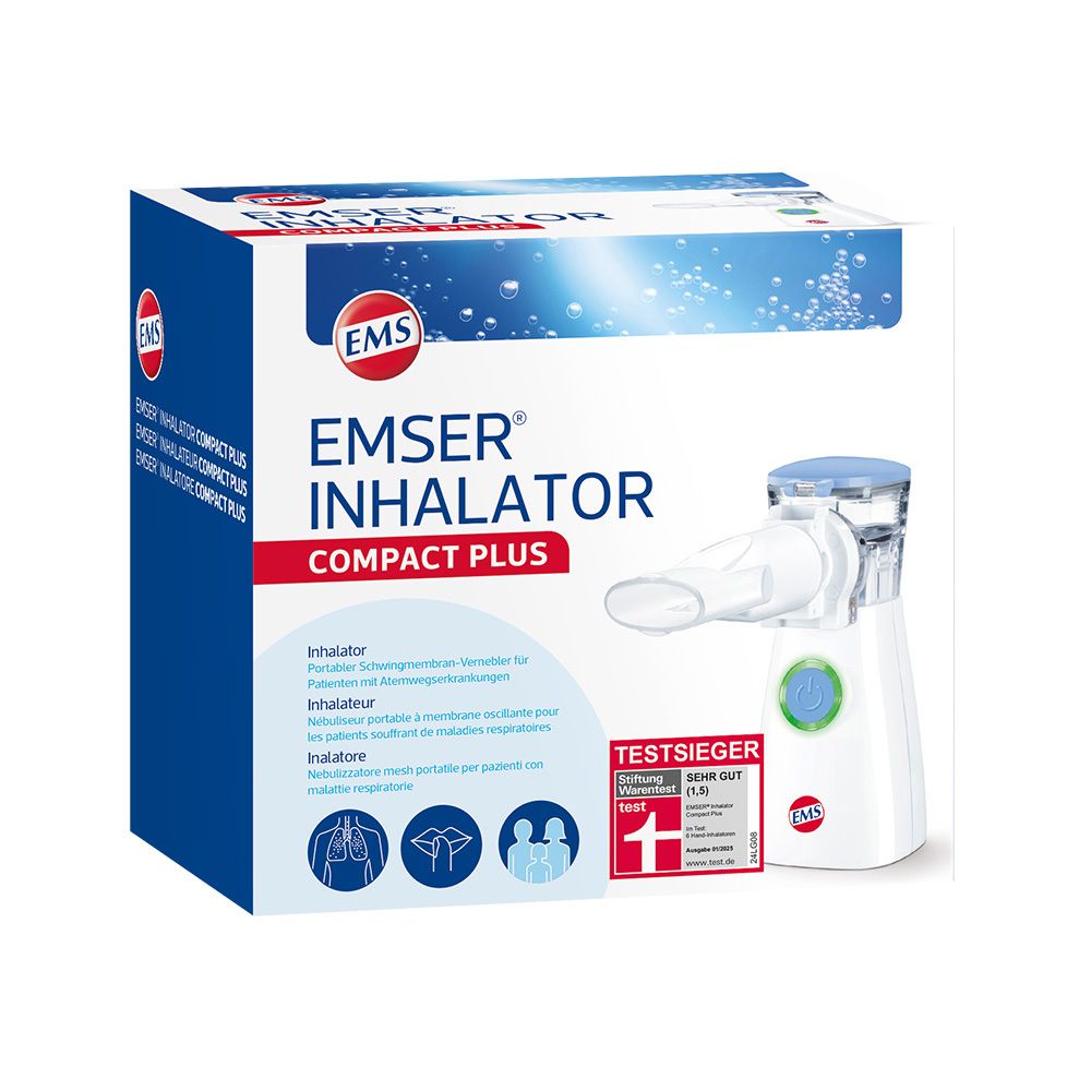 EMS Emser Inhalator Compact Plus. Weißes Gerät mit blauem Deckel und Mundstück, in Verpackung. Testsieger-Auszeichnung.