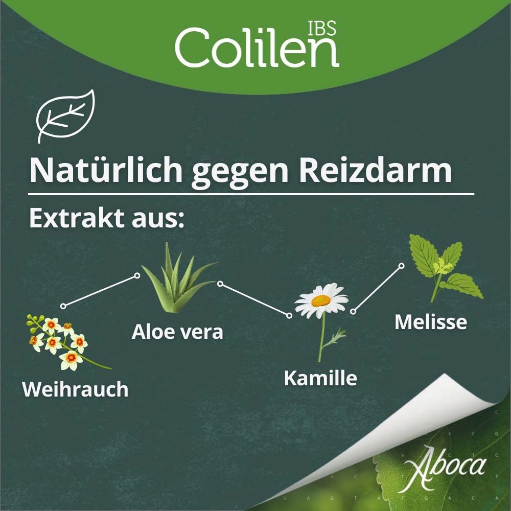 Natürlich gegen Reizdarm. Extrakte aus: Weihrauch, Aloe vera, Kamille, Melisse. Aboca-Logo.