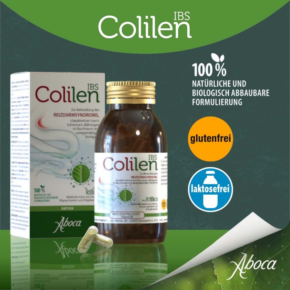 Colilen IBS-Packung und Flasche. Text: 100% natürliche und biologisch abbaubare Formulierung. Glutenfrei, laktosefrei.