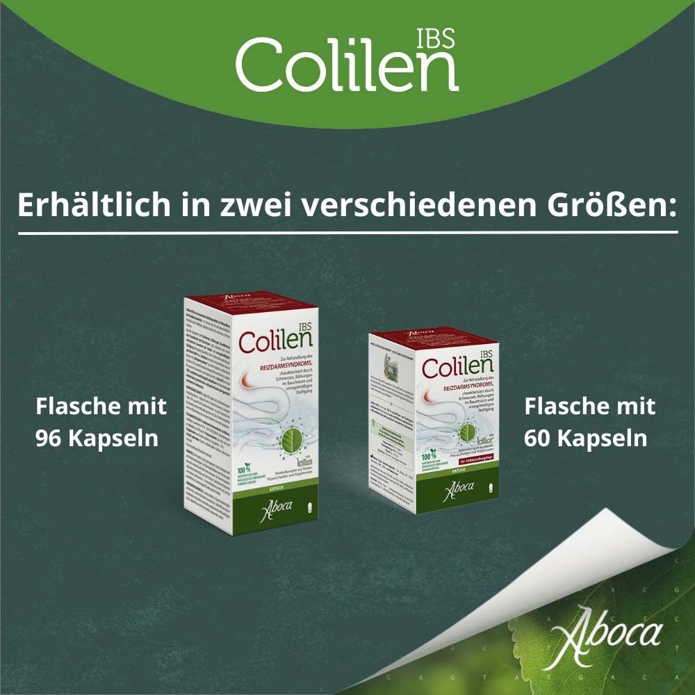 Colilen IBS in zwei Größen: Flasche mit 96 Kapseln und Flasche mit 60 Kapseln. Aboca-Logo.