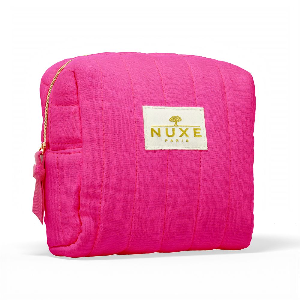 Pinkfarbene Kosmetiktasche mit Reißverschluss und Logo "NUXE PARIS".