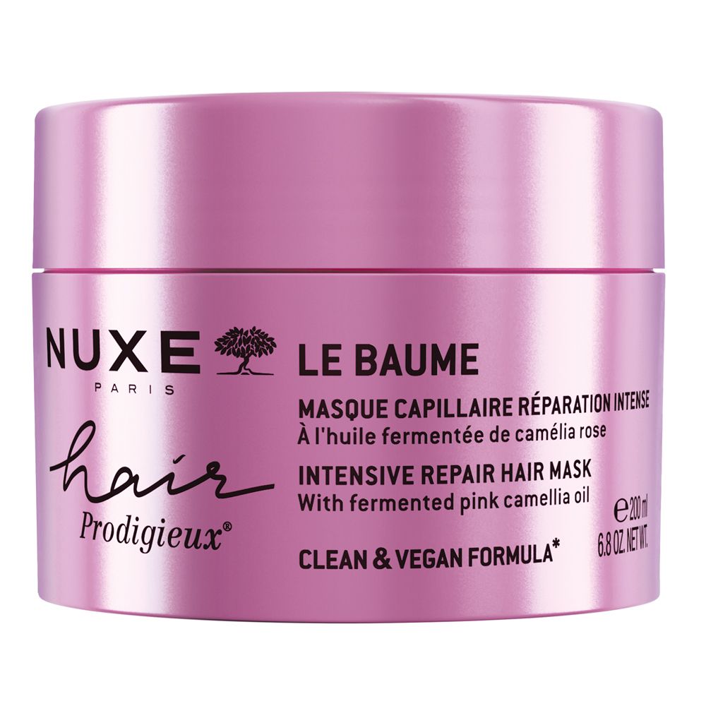 Rosa Tiegel mit NUXE-Logo und Schriftzug. Enthält Haarmaske. Text: Intensive Repair Hair Mask.