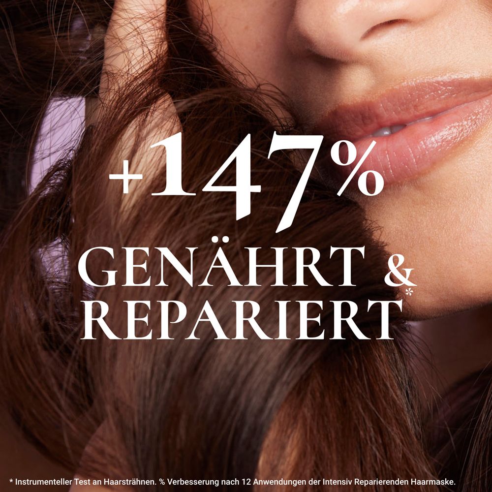 Haarsträhnen mit Text: +147% GENÄHRT & REPARIERT. NUXE Haarmaske. Instrumenteller Test.