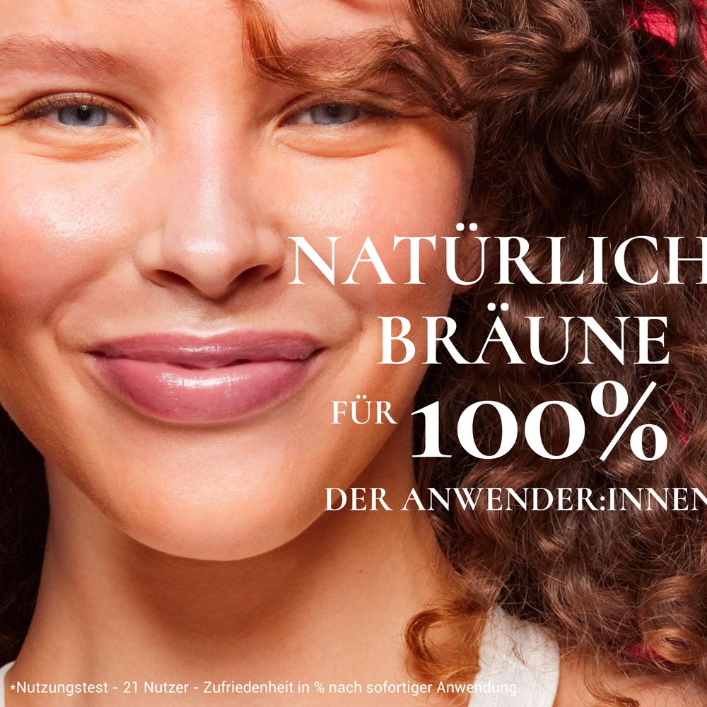Frau mit gebräunter Haut. Text: Natürlich braune für 100% der Anwender:innen.