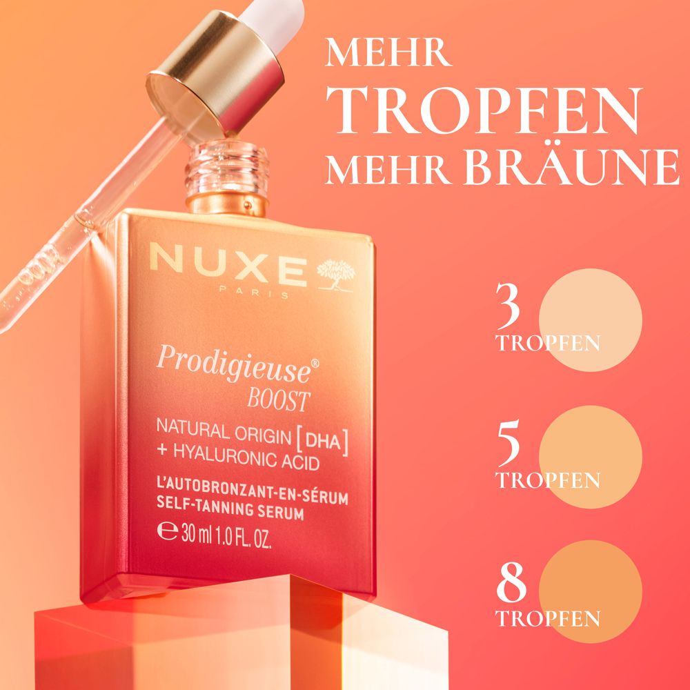 Serumflasche mit Pipette. Text: Mehr Tropfen mehr Bräune. 3, 5 und 8 Tropfen mit Farbverlauf.